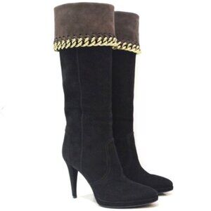 Sergio Rossi Over Knee Suede Chain Trim Tall Boots Leather Heel Platform Brown 8